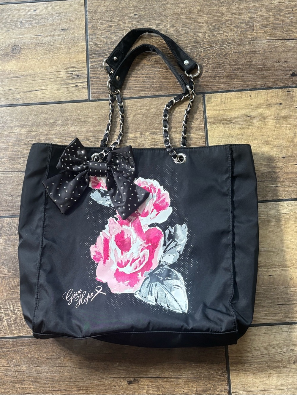 White House Black Market Give Hope Floral Tote Bag Bow Chain Strap - Picture 2 of 8